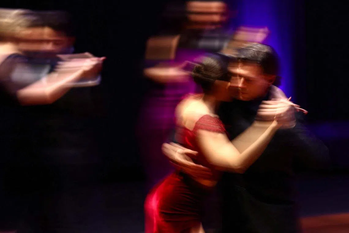Dancers performing during the qualifying rounds of ballroom tango during the Tango World Championship, in Buenos Aires, Argentina, on Aug 19, 2024.