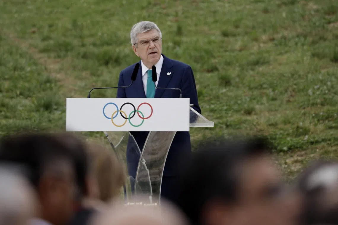 FILE PHOTO: Paris 2024 Olympics - Olympic Flame Lighting Ceremony - Ancient Olympia, Greece - April 16, 2024 President of the International Olympic Committee, Thomas Bach gives a speech during the flame lighting ceremony for the Paris 2024 Olympics REUTERS/Louisa Gouliamaki/File Photo