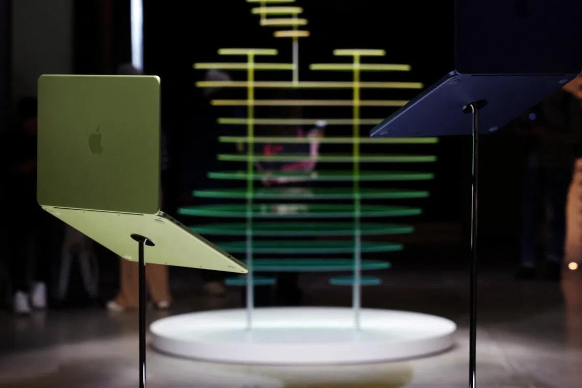 Apple's new entry-level Mac laptop, the MacBook Neo is on display during an event in New York City.