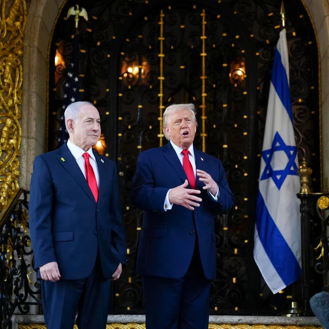 US President Donald Trump and Prime Minister Benjamin Netanyahu of Israel outside of Mar-a-Lago in Palm Beach, Florida, on Dec 29, 2025. 