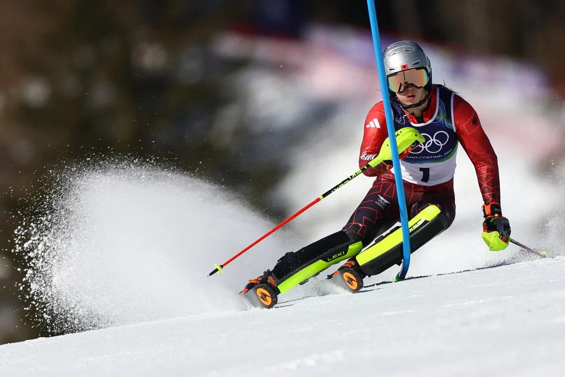 Milano Cortina 2026 Olympics - Alpine Skiing - Women's Slalom Run 1 - Tofane Alpine Skiing Centre, Belluno, Italy - February 18, 2026. Lara Colturi of Albania in action during her first run in the women's slalom REUTERS/Lisi Niesner