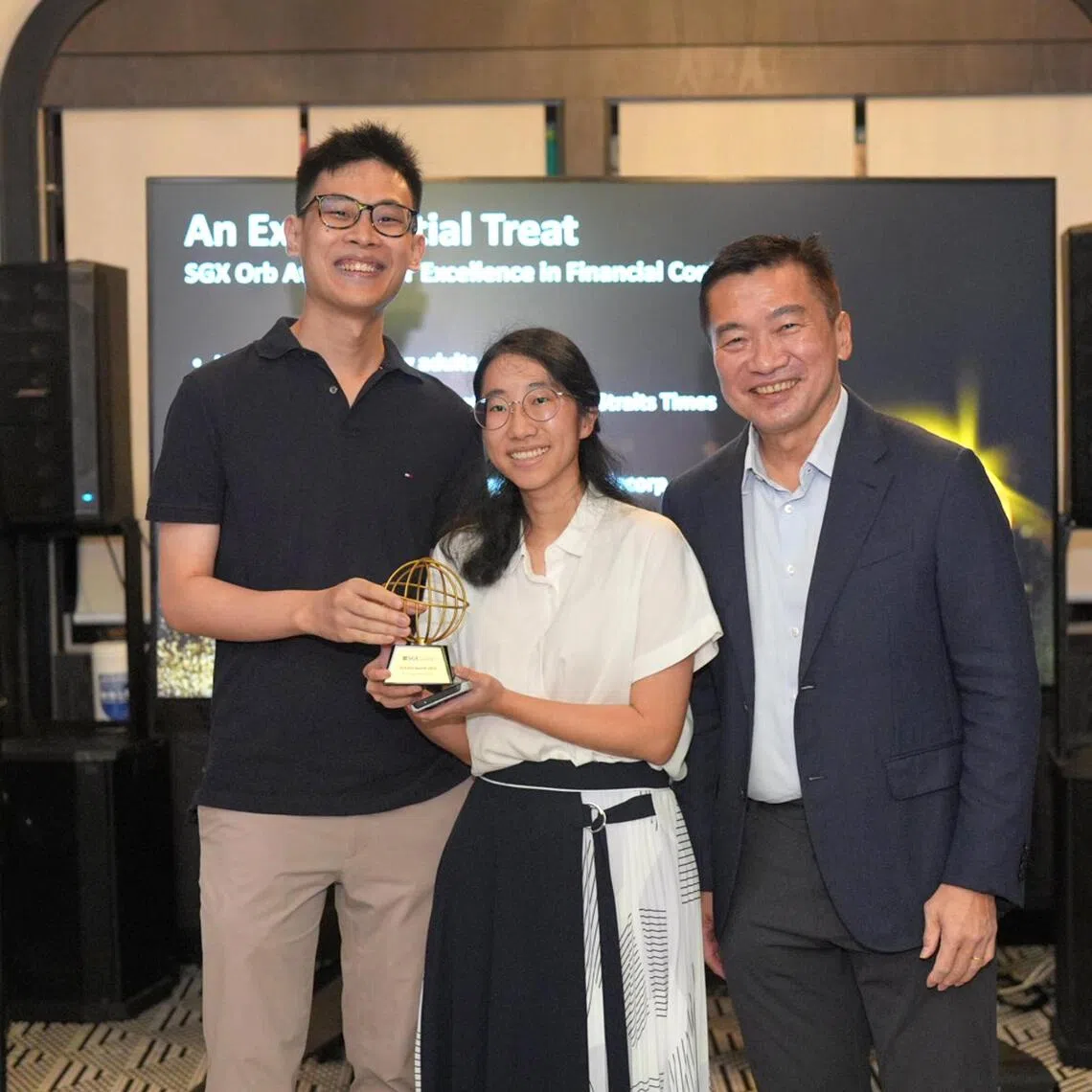 ST journalists Sue-Ann Tan and Timothy Goh won the SGX Orb Award for An Experiential Treat, for their interactive graphics piece "How much are young adults spending?"
