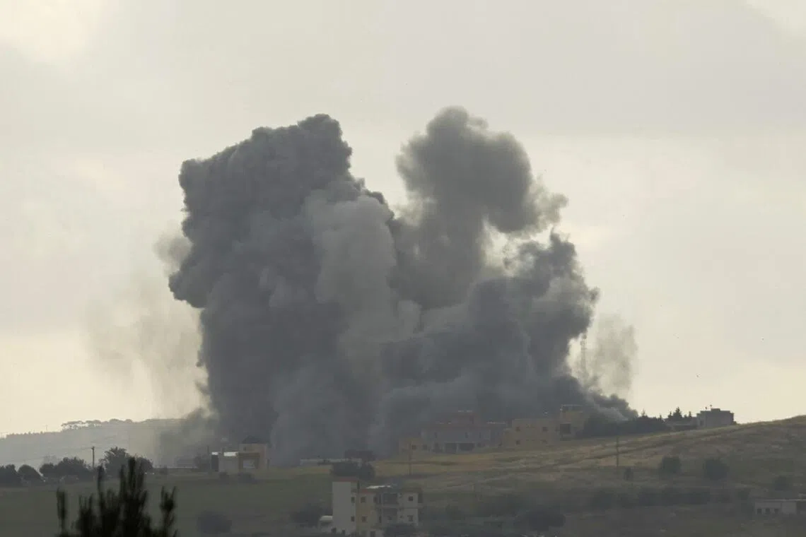 Smoke rising from the site of an Israeli airstrike that targeted the southern Lebanese village of Kfar Tibnit on May 15.