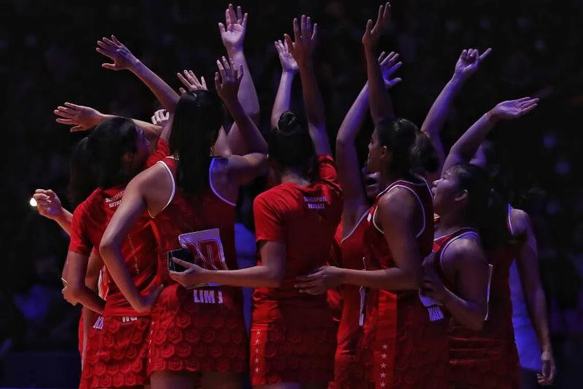 Singapore netball players huddle before the final against Sri Lanka of the Asian Netball Championship at OCBC Arena on Sep 11, 2022.