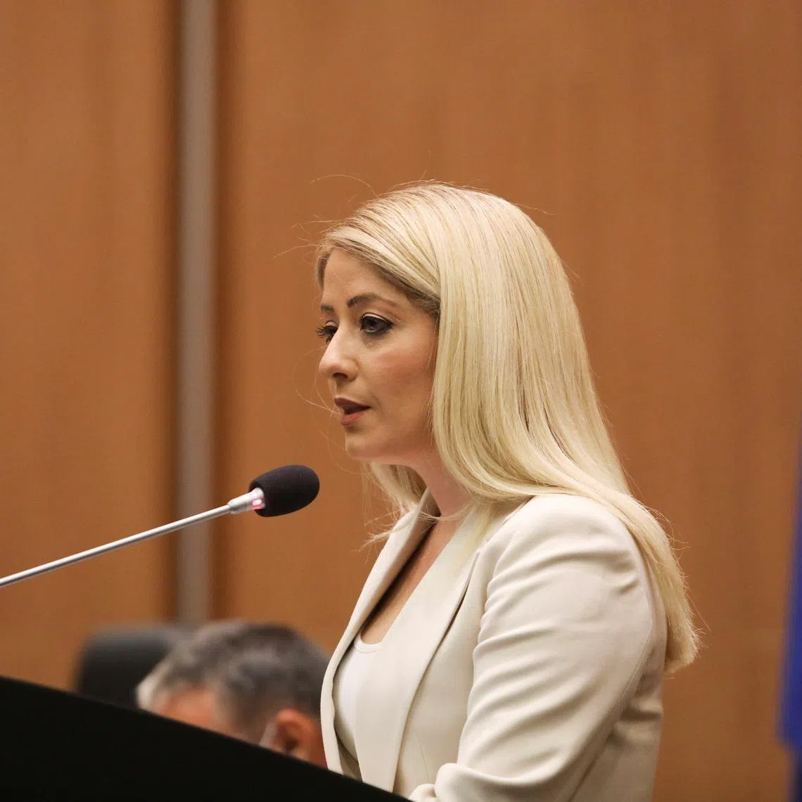 FILE PHOTO: Cypriot parliamentary speaker Annita Demetriou addresses the parliament in Nicosia, Cyprus June 10, 2021. REUTERS/Yiannis Kourtoglou/File Photo
