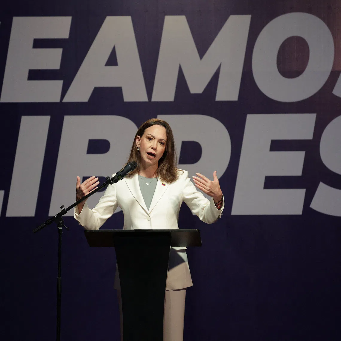 Venezuela’s opposition leader Maria Corina Machado, who returned to the country after nearly a year away, attends a press conference in Caracas, Venezuela, October 29, 2026. REUTERS/Gaby Oraa