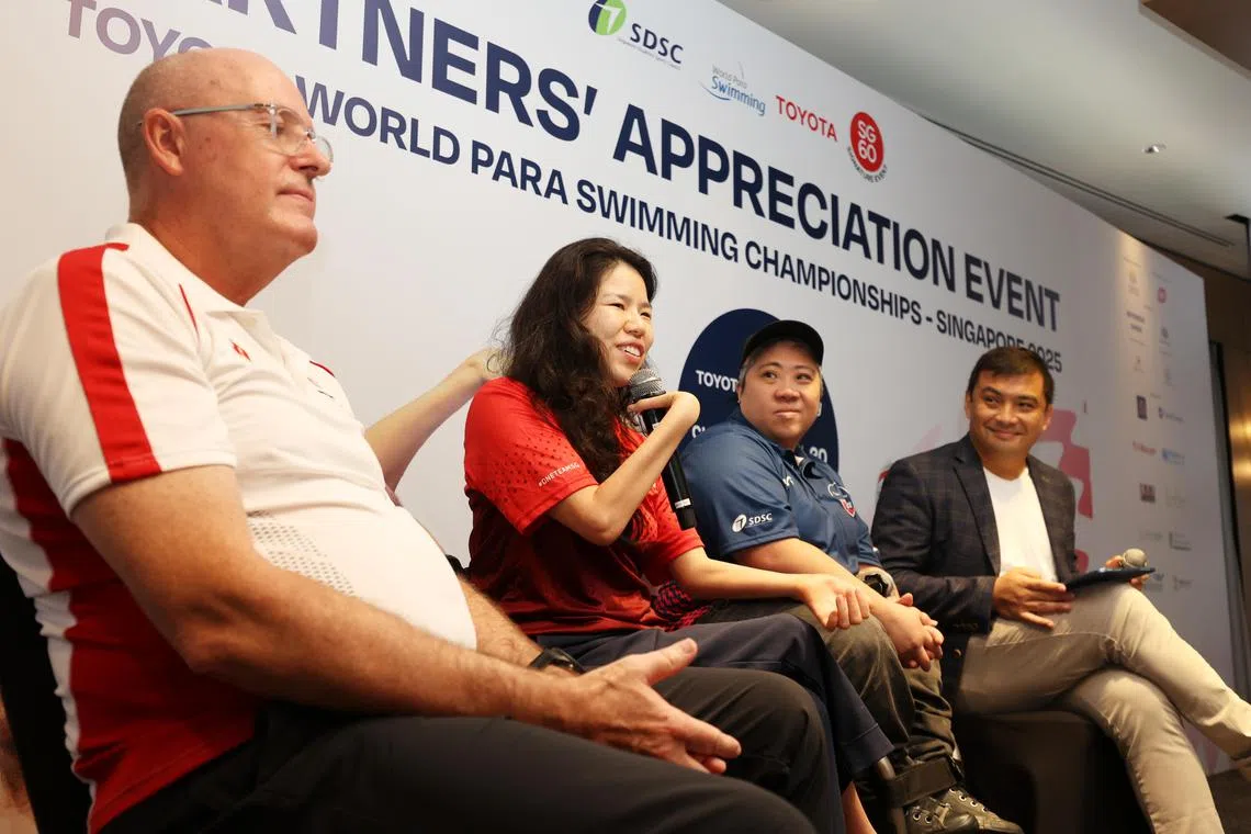 (From left) Para swimming coach Mick Massey, para-swimmer Yip Pin Xiu, former national para-swimmer Theresa Goh and former national water polo player Yip Ren Kai at the  World Para Swimming Championships' partners appreciation event.