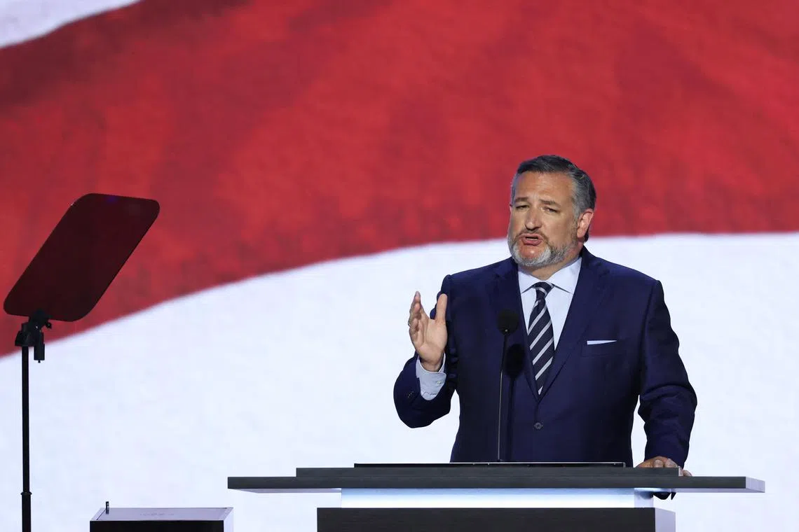 FILE PHOTO: Senator Ted Cruz (R-TX) gestures as he speaks on Day 2 of the Republican National Convention (RNC), at the Fiserv Forum in Milwaukee, Wisconsin, U.S., July 16, 2024. REUTERS/Mike Segar/File Photo