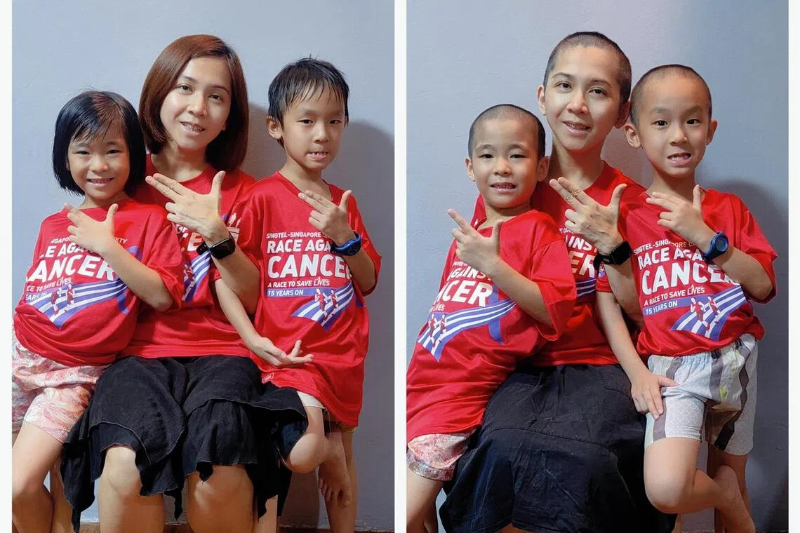 Antz Lee, 43, with her twins Jay Ang (right) and Joy Ang (left) before and after taking part in Kong Hwa School’s Hair for Hope event in 2024.