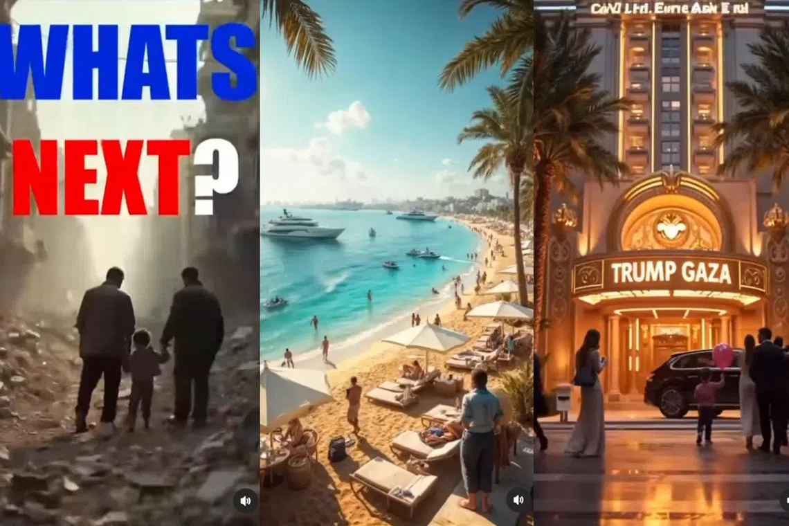 The video “Gaza 2025 What’s Next?” opens with people on a rubble-strewn street emerging from a tunnel onto a beach with palm trees and yachts.