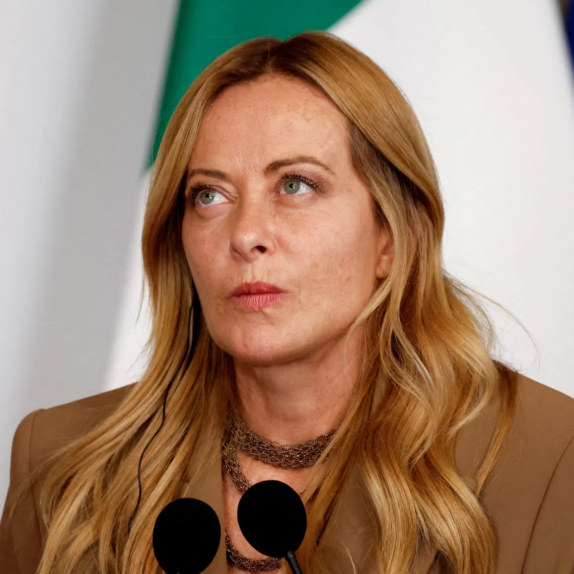 FILE PHOTO: Italian Prime Minister Giorgia Meloni looks on, as she and Belgian Prime Minister Bart De Wever deliver joint statements following their meeting at Palazzo Chigi in Rome, Italy, September 7, 2026. REUTERS/Remo Casilli/File Photo