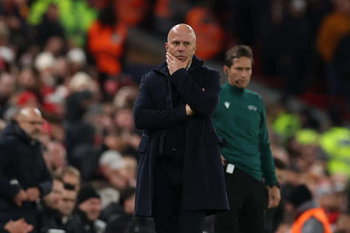 Soccer Football - UEFA Champions League - Liverpool v PSV Eindhoven - Anfield, Liverpool, Britain - November 26, 2025 Liverpool manager Arne Slot reacts REUTERS/Phil Noble