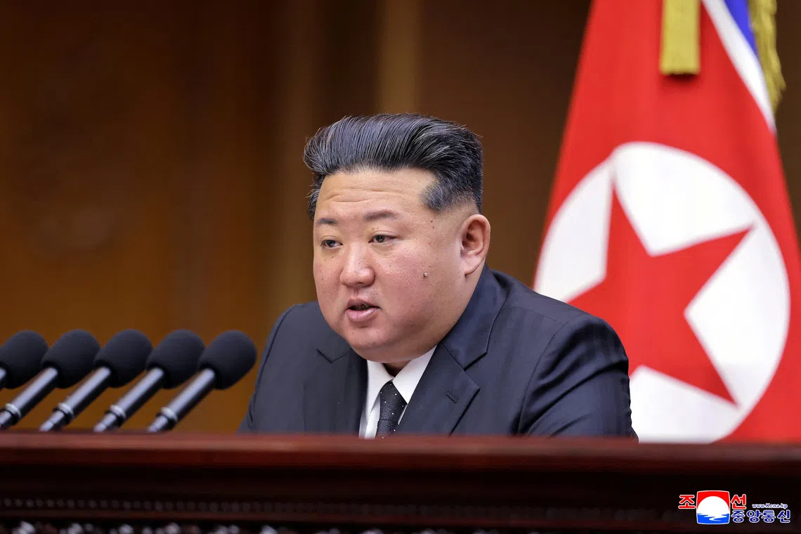 FILE PHOTO: North Korean leader Kim Jong Un speaks during a meeting of the Supreme People's Assembly at the Mansudae Assembly Hall in Pyongyang, North Korea, in this picture released September 22, 2025 by North Korea's official Korean Central News Agency.    KCNA via REUTERS/File Photo