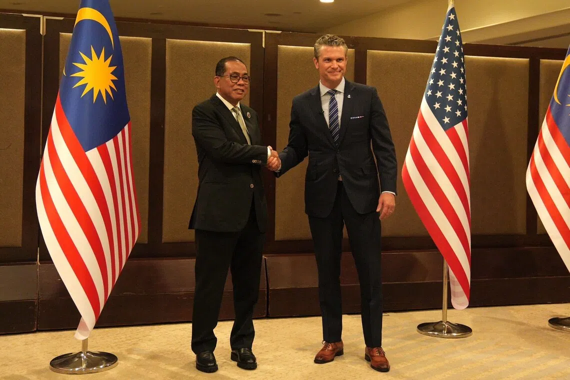 Malaysian Minister of Defence Mohamed Khaled Nordin (left) met his American counterpart Pete Hegseth in Kuala Lumpur on Oct 30.