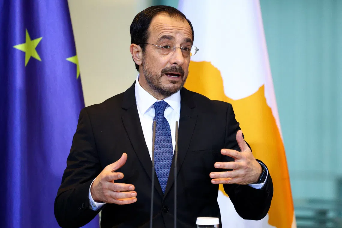 Cyprus' President Nikos Christodoulides speaks during a press conference with German Chancellor Friedrich Merz (not pictured), at the Chancellery Berlin, Germany, November 14, 2025. REUTERS/Lisi Niesner