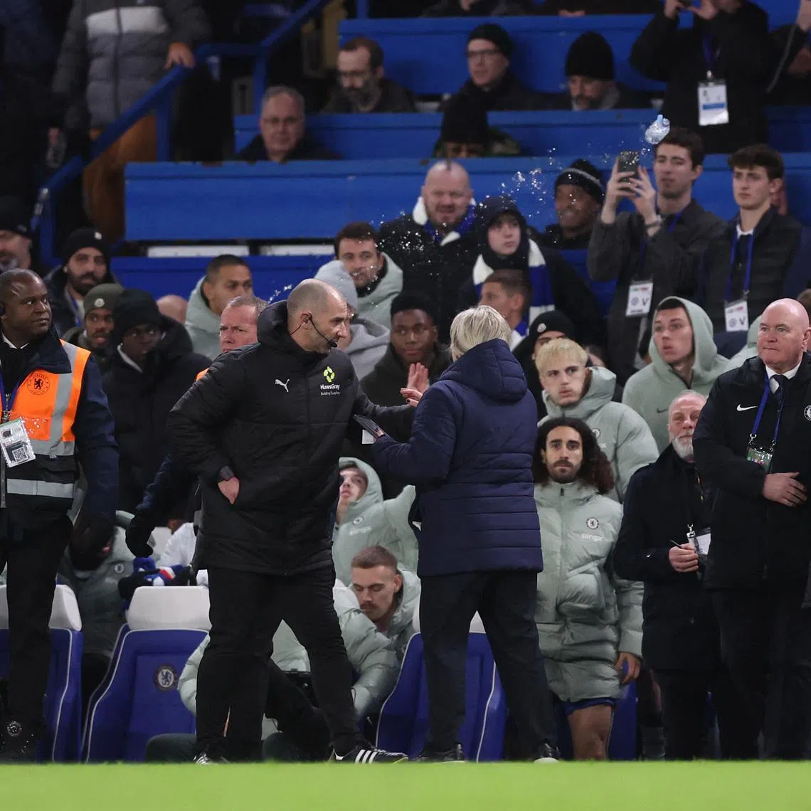 Soccer Football - Premier League - Chelsea v Aston Villa - Stamford Bridge, London, Britain - December 27, 2025  Bottle of water is thrown towards direction of the Aston Villa bench at the end of the match. REUTERS/David Klein