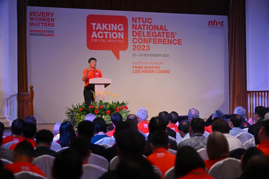 Labour chief Ng Chee Meng speaking at the NTUC National Delegates’ Conference at Orchid Country Club on Nov 22.