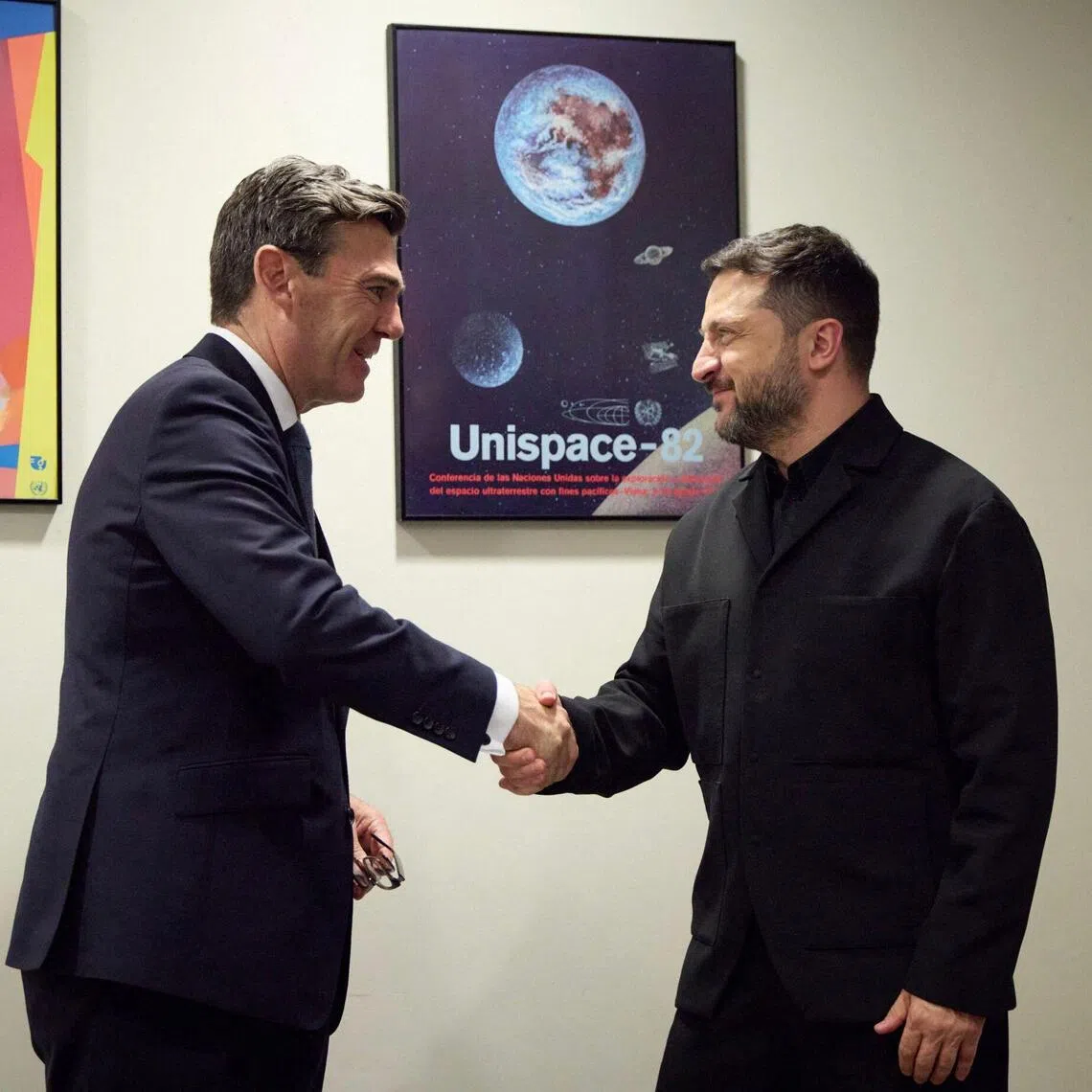 Ukraine’s President Volodymyr Zelensky (right) and Britain’s Prime Minister Andy Burnham at the 81st United Nations General Assembly in New York City on Sept 22.