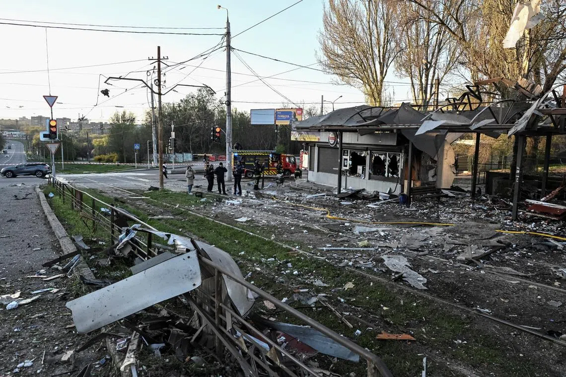The site of a Russian military strike in Zaporizhzhia, Ukraine, on April 15.