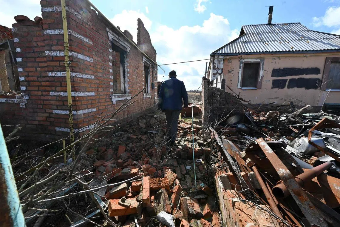 Destroyed houses in the village of Russkiye Tishki in the north of Kharkiv region, Ukraine on March 27, 2023. 