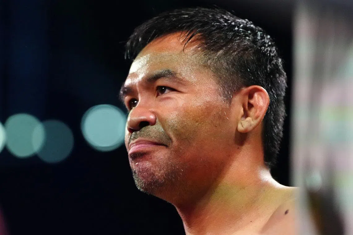 FILE PHOTO: Jul 19, 2025; Las Vegas, Nevada,  USA; Manny Pacquiao smiles before his fight against Mario Barrios at MGM Grand Garden Arena. Mandatory Credit: Stephen R. Sylvanie-Imagn Images/ File Photo