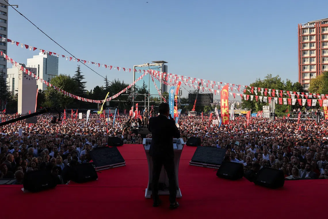The leader of main opposition Republican People's Party Ozgur Ozel addressing his supporters during a rally in Ankara on Sept 14.