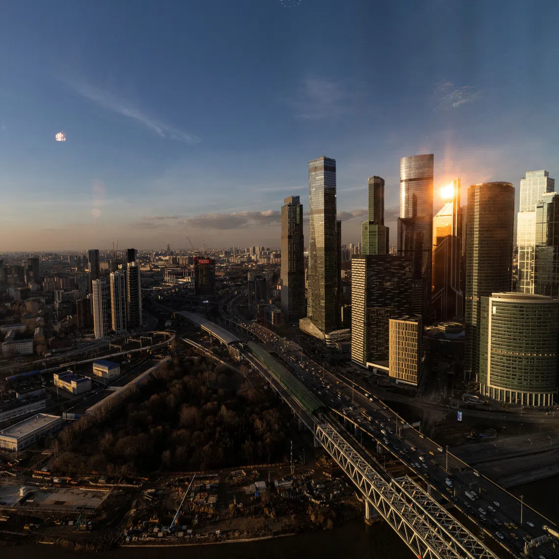An aerial view shot through a window shows Moscow International Business Centre, also known as Moskva-City, and its surroundings in Russia March 28, 2023. REUTERS/Maxim Shemetov