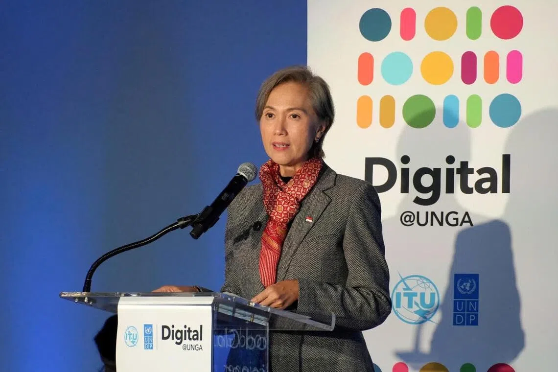 Minister of Digital Development and Information Josephine Teo laying out Singapore’s approach to AI development and adoption at Digital@UNGA on Sept 21.