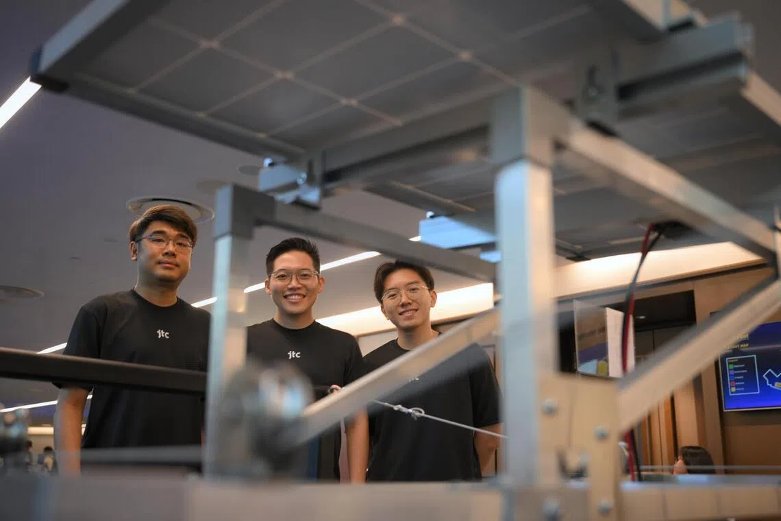 (From left) Mr Cheng Shau Chuan, Mr Kevin Emanuel Suhartono, JTC Corporation Principal Engineer and Mr Zechariah Foong of JTC Corporation were part of the team that worked on the solar panel system.