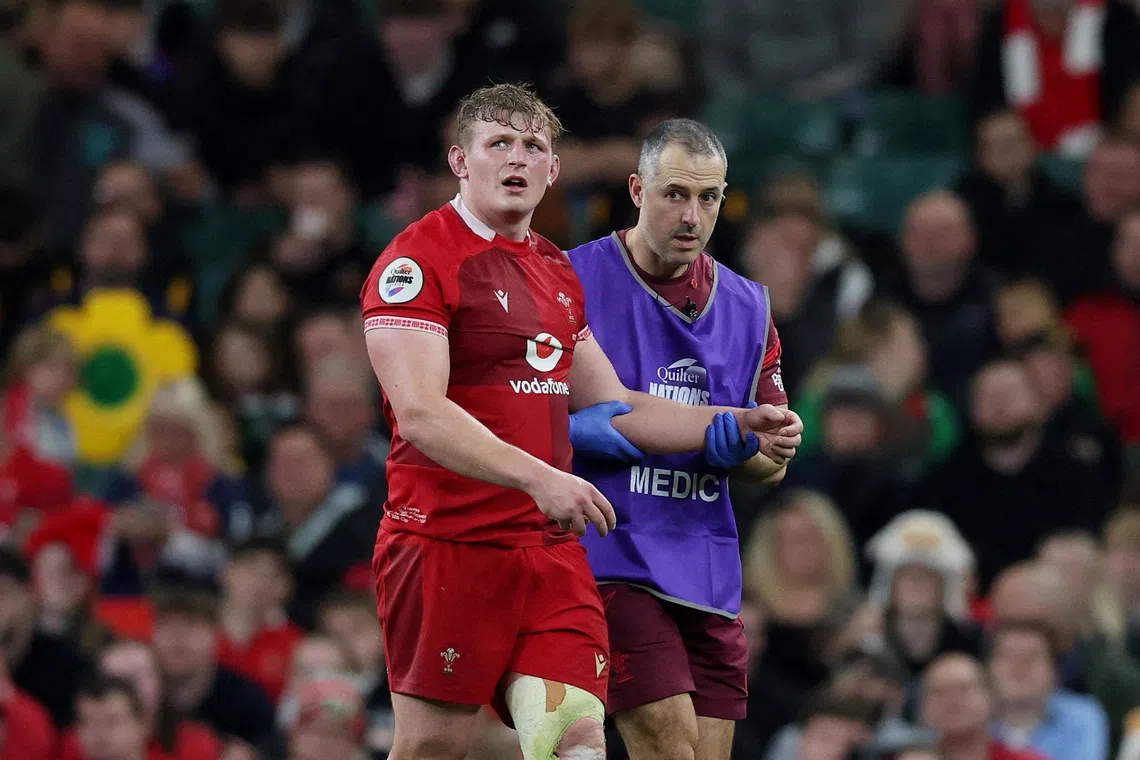 FILE PHOTO: Rugby Union - Autumn Internationals - Wales v Argentina - Principality Stadium, Cardiff, Wales, Britain - November 9, 2025 Wales' Jac Morgan receives medical attention after scoring a try Action Images via Reuters/Paul Childs/File Photo