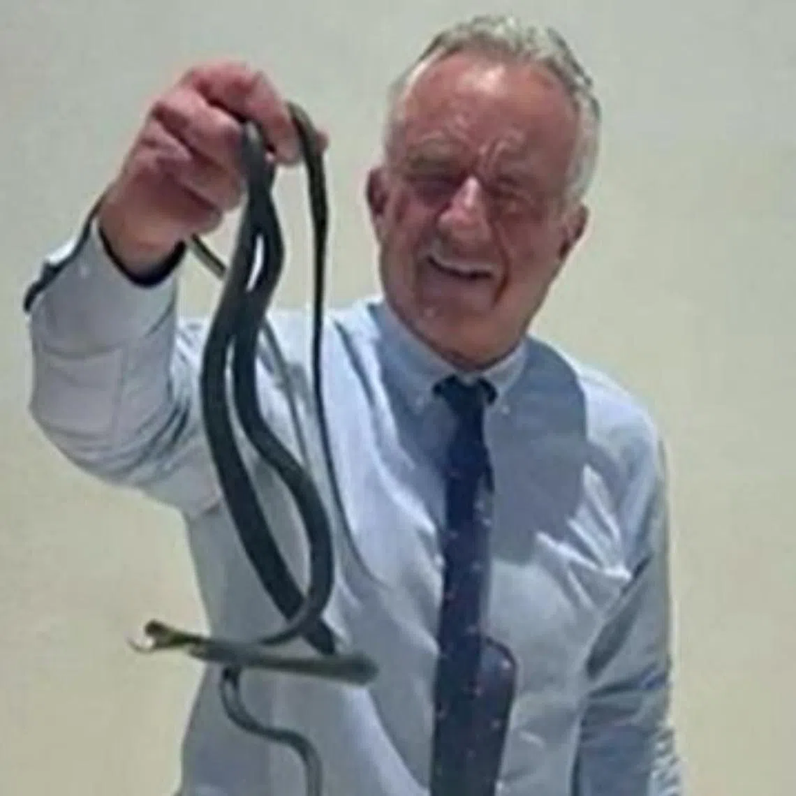 US Secretary of Health Robert F. Kennedy Jr grabbing two snakes with his bare hands on a patio in Florida. 