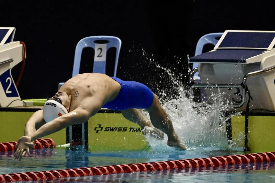 Singapore swimmer Quah Zheng Wen starting his 100m backstroke finals at the Southeast Asian Games on May 6, 2023. 

Coverage of the Cambodia 2023 Southeast Asian Games on 6 May 2023.