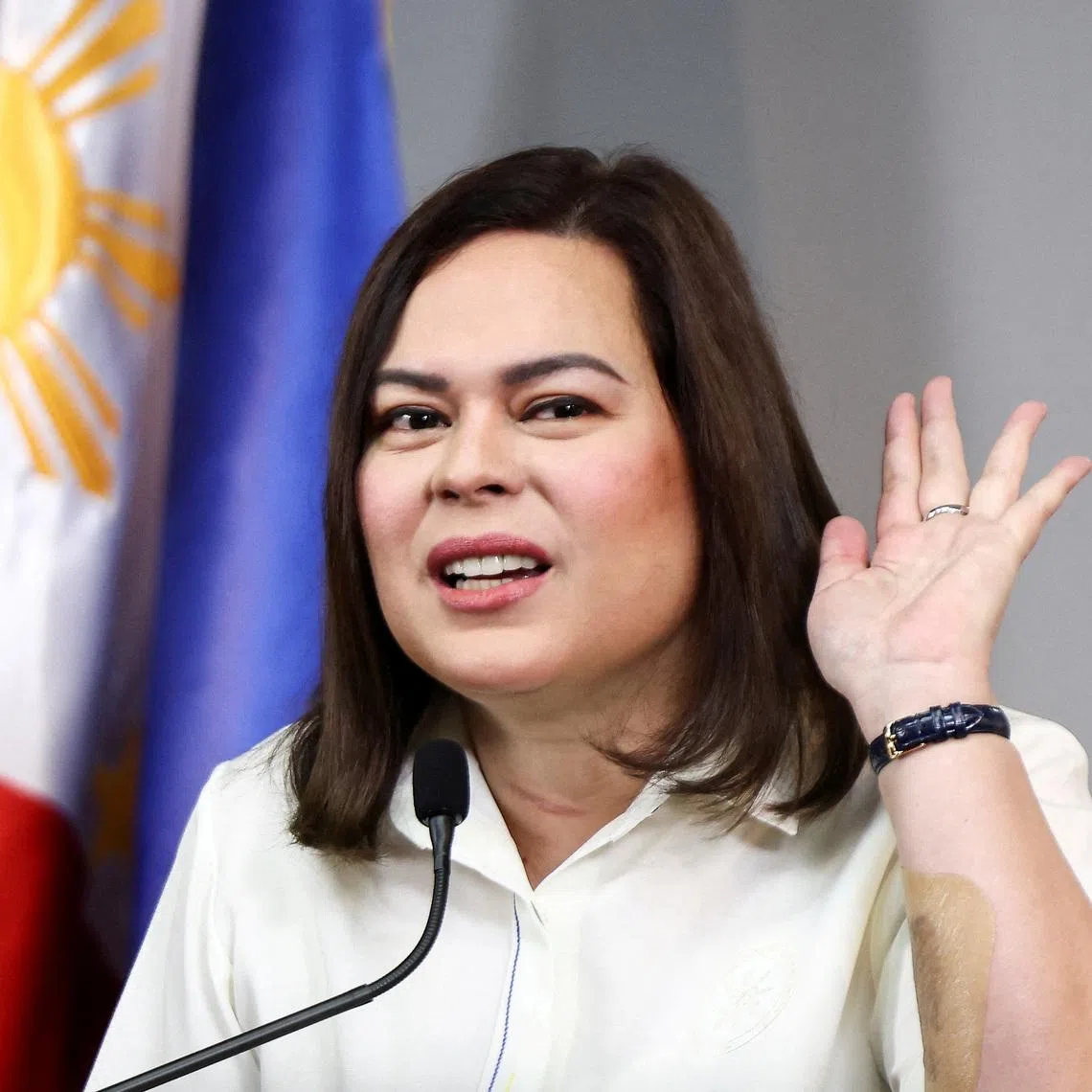 FILE PHOTO: Philippine Vice President Sara Duterte gestures as she delivers a statement following her impeachment by the lower house of the Congress, in her office at Mandaluyong City, Metro Manila, Philippines, February 7, 2025. REUTERS/Eloisa Lopez/File Photo
