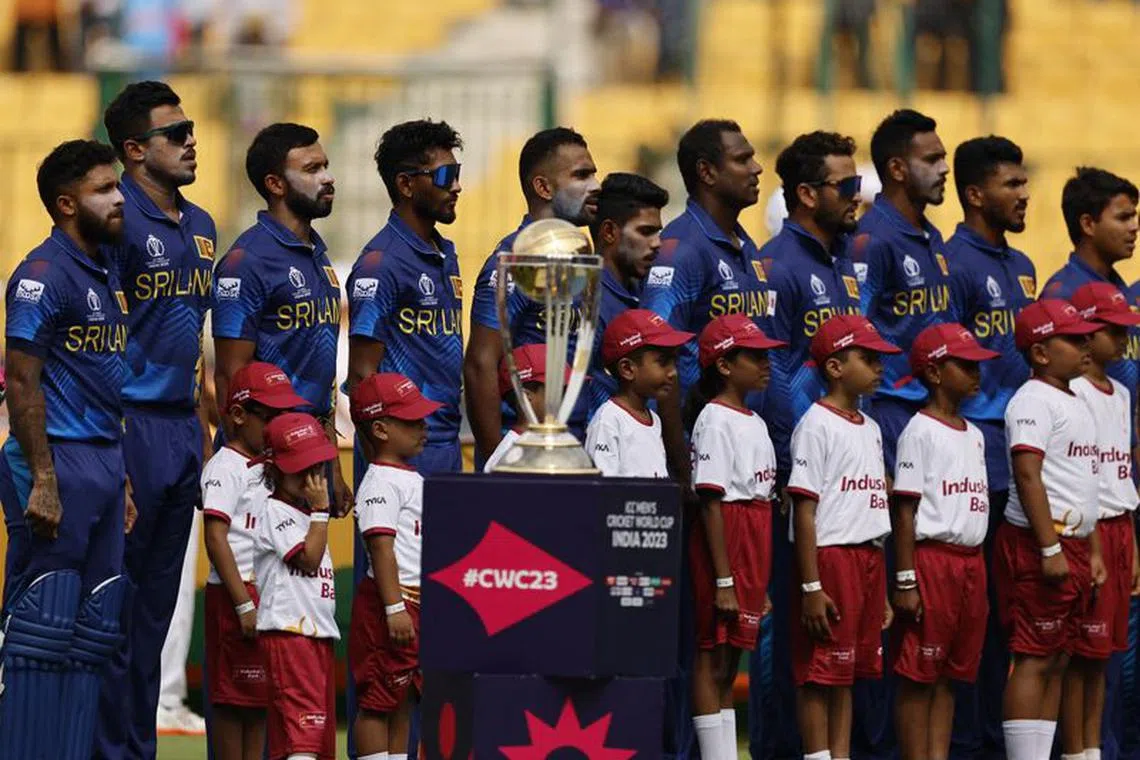 Cricket - ICC Cricket World Cup 2023 - New Zealand v Sri Lanka - M. Chinnaswamy Stadium, Bengaluru, India - November 9, 2023 Sri Lanka players line up during the national anthems before the match REUTERS/Adnan Abidi/ File Photo