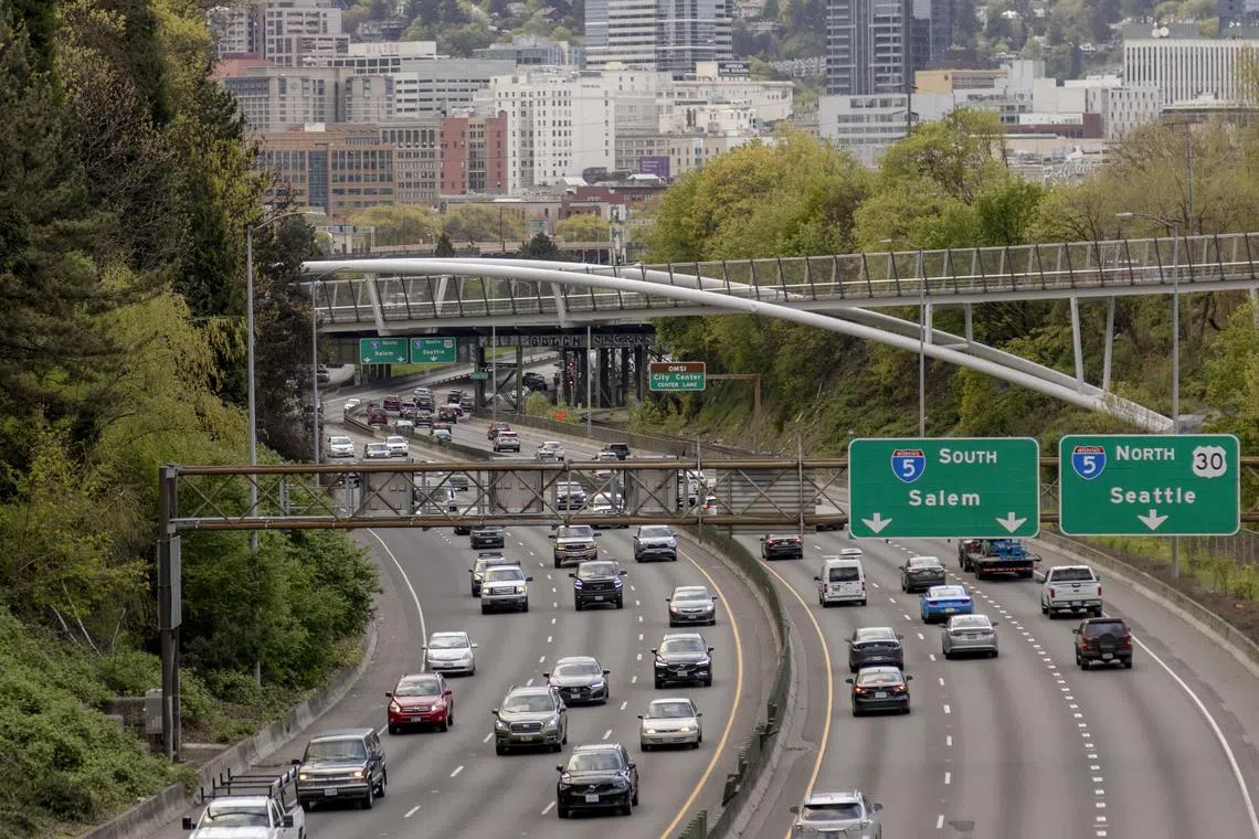 Cars along the road in Portland, Ore., April 15, 2024. 