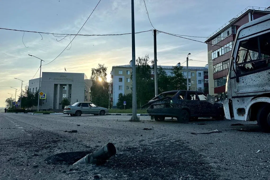 Overnight shelling damaged multiple buildings in the town of Shebekino in the Belgorod region, Russia, on May 31, 2023. 