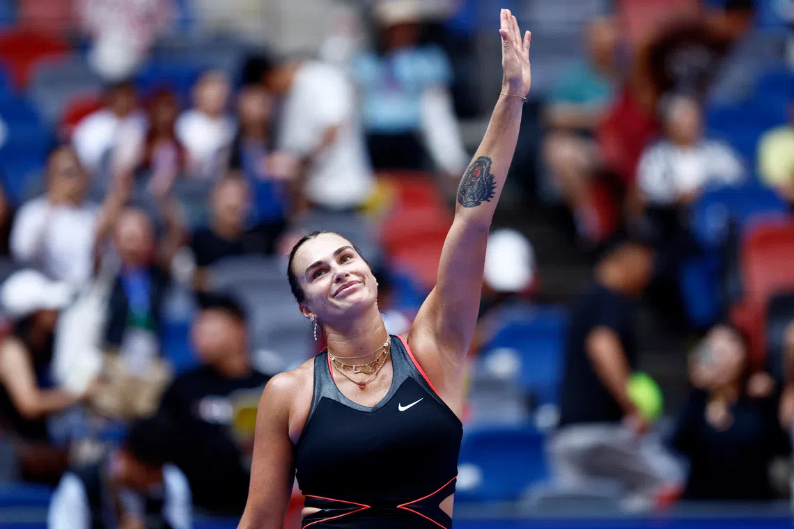 Tennis - WTA 1000 - Wuhan Open - Optics Valley International Tennis Center, Wuhan, China - October 10, 2025 Belarus' Aryna Sabalenka celebrates after winning her quarter final match against Kazakhstan's Elena Rybakina REUTERS/Tingshu Wang
