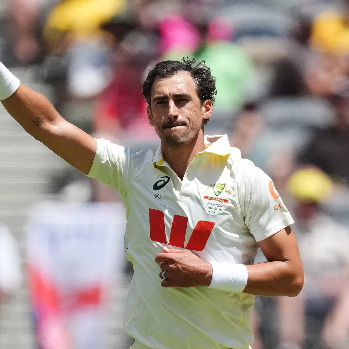 FILE PHOTO: Cricket - The Ashes - Australia v England - First Test - Perth Stadium, Perth, Australia - November 21, 2025 Australia's Mitchell Starc celebrates after taking the wicket of England's Ben Stokes REUTERS/Asanka Brendon Ratnayake/File Photo