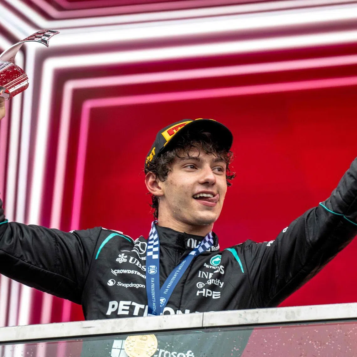 Mercedes' Italian driver Kimi Antonelli celebrates after winning the Canadian Grand Prix.