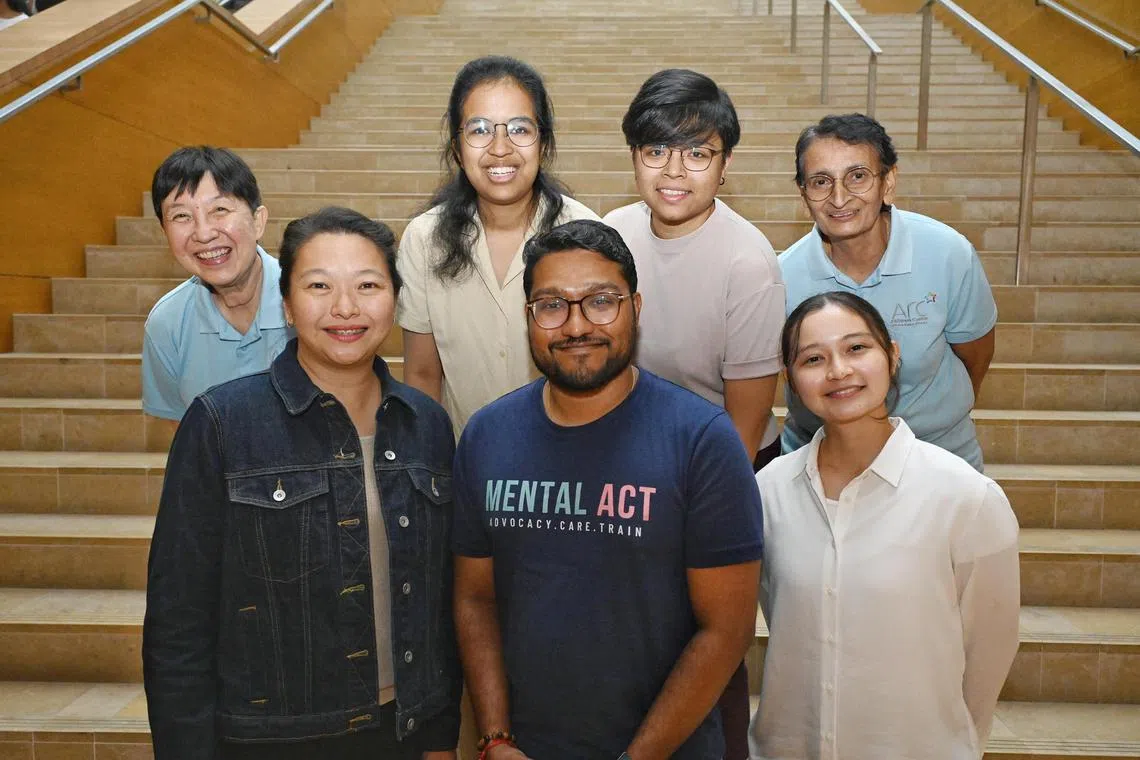 From left: Geraldine Lee, 66, founder of Arc Children’s Centre; Tham Pei Wen, 44, instructor of Starlight Voices of VOS; Christie Klassen, 21, choir member of Starlight Voices of VOS; T. Devanantthan, 32, co-founder and executive director of Mental ACT; Genevieve Klassen, 29, special educator at Pathlight School; Natasha Zain, 18, student volunteer and Ronita Paul, 72, founder of Arc Children’s Centre. They are featured in a short film for NDP2024.