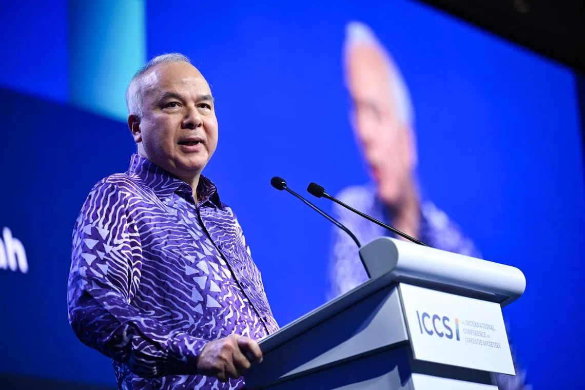 ST20250625-202512900927-Lim Yaohui-Syarafana Shafeeq-ssiccs25/
Keynote Address by Sultan Nazrin Shah, Deputy Yang di-Pertuan Agong of Malaysia and Sultan of Perak, during day two of International Conference on Cohesive Societies (ICCS) at Raffles City Convention Centre on June 25, 2025.
The third edition of ICCS 2025 will be held from 24th to 26th June 2025. The 3-day programme will delve into three thematic pillars—Unpacking Multiculturalism, Navigating Uncertainty, and Forging Societal Resilience—through plenaries, breakout sessions, and skills workshops that equip delegates with actionable insights.
(ST PHOTO: LIM YAOHUI)