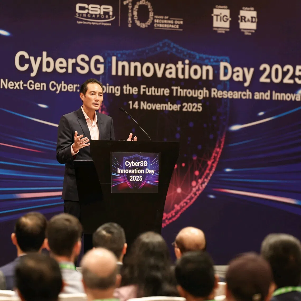 Senior Minister of State for Digital Development and Information Tan Kiat How delivering his opening address during the CSA CyberSG Innovation Day at Sands Expo & Convention Centre on Nov 14.