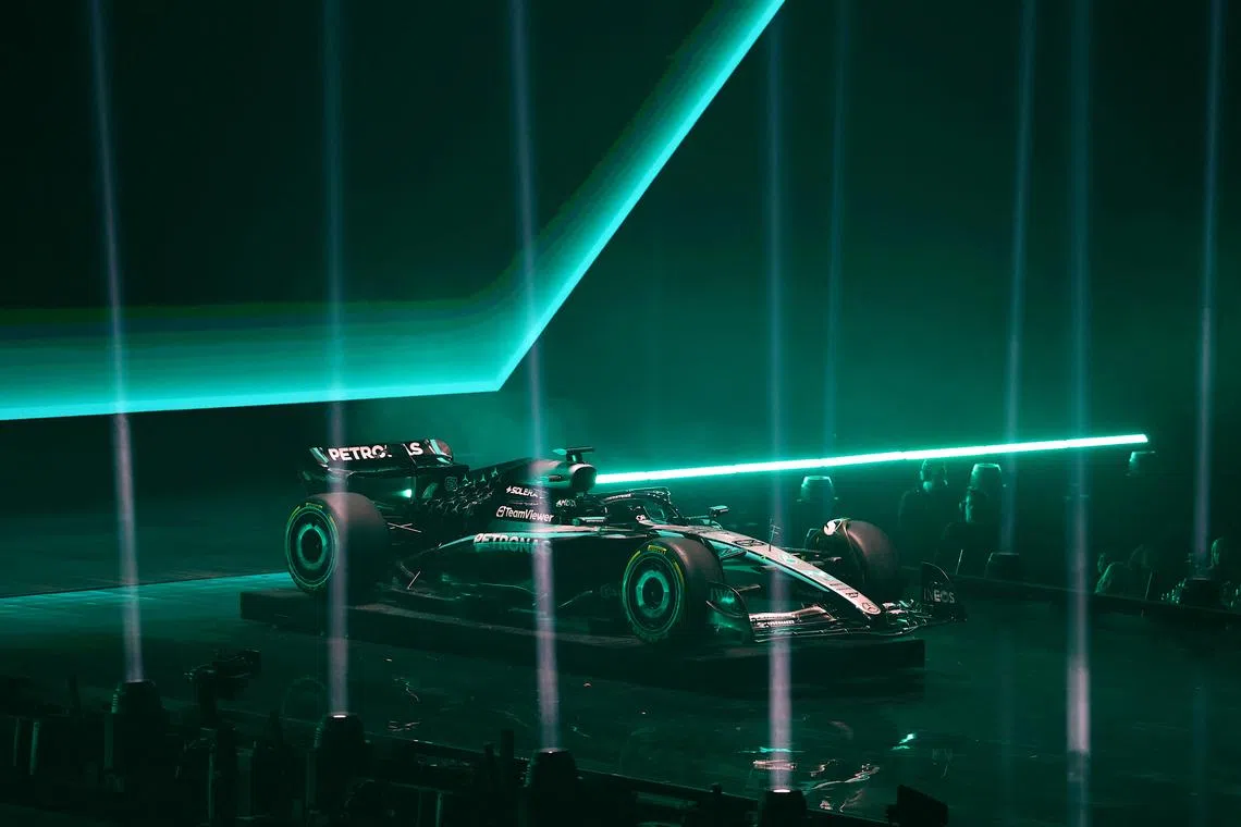 FILE PHOTO: Formula One F1 - F1 75 Live Season Launch - The O2, London, Britain - February 18, 2025 The Mercedes car is revealed during the launch REUTERS/Andrew Boyers/File Photo