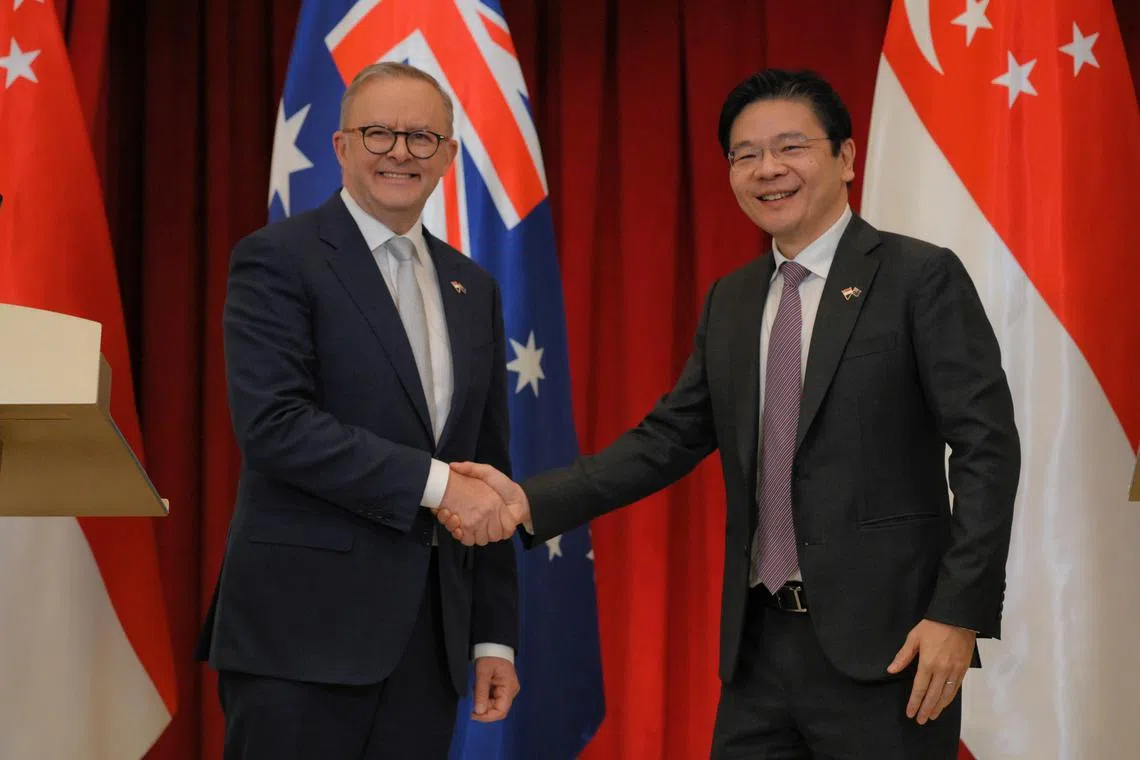 Australian Prime Minister Anthony Albanese and Acting Prime Minister Lawrence Wong at the Istana after the 8th Singapore-Australia Annual Leaders’ Meeting on June 2.