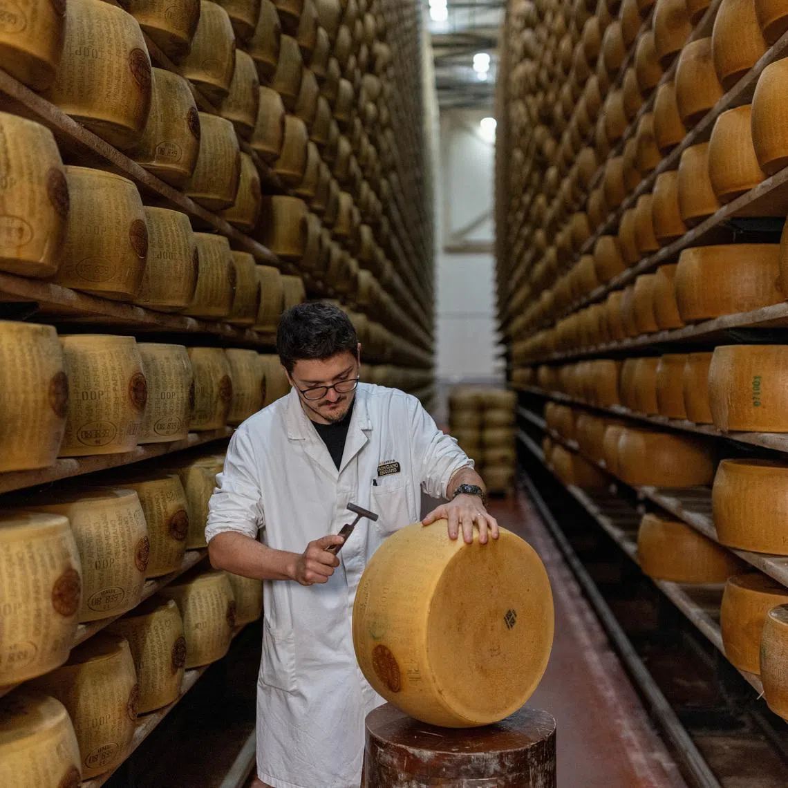 A grader listens for internal cracks during quality checks at Credito Emiliano's cheese vault as part of efforts to safeguard both product and collateral after daily energy consumption rose about 30% at the peak of recent heatwaves, in Montecavolo di Quattro Castella, Italy, July 6, 2026. REUTERS/Matteo Minnella