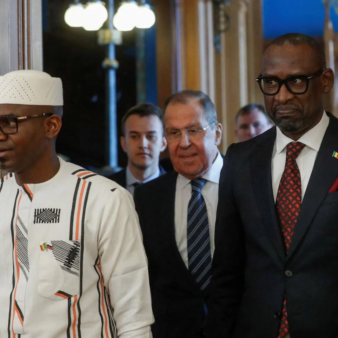 FILE PHOTO: Mali Defense Minister Sadio Camara, Russian Foreign Minister Sergey Lavrov and Minister for Foreign Affairs and Cooperation of Mali Abdoulaye Diop enter a hall during their meeting in Moscow, Russia, 28 February 2024.    MAXIM SHIPENKOV/Pool via REUTERS/File Photo