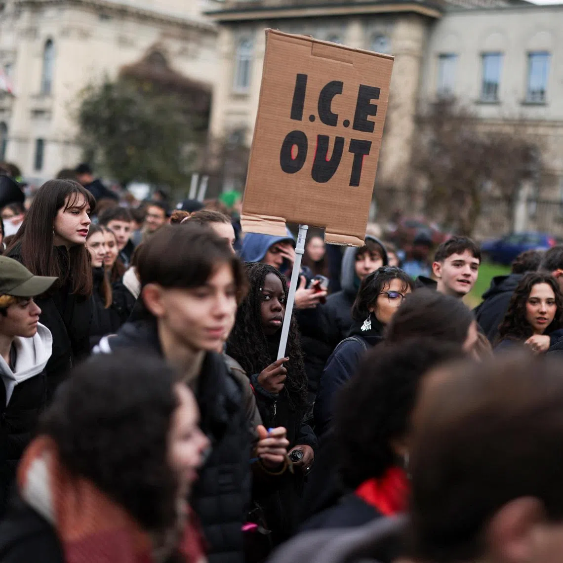 People protest against U.S. Immigration and Customs Enforcement (ICE) personnel who will help protect U.S. delegations at the Milano Cortina 2026 Winter Olympics, in Milan, Italy, February 6, 2026.    REUTERS/Alkis Konstantinidis