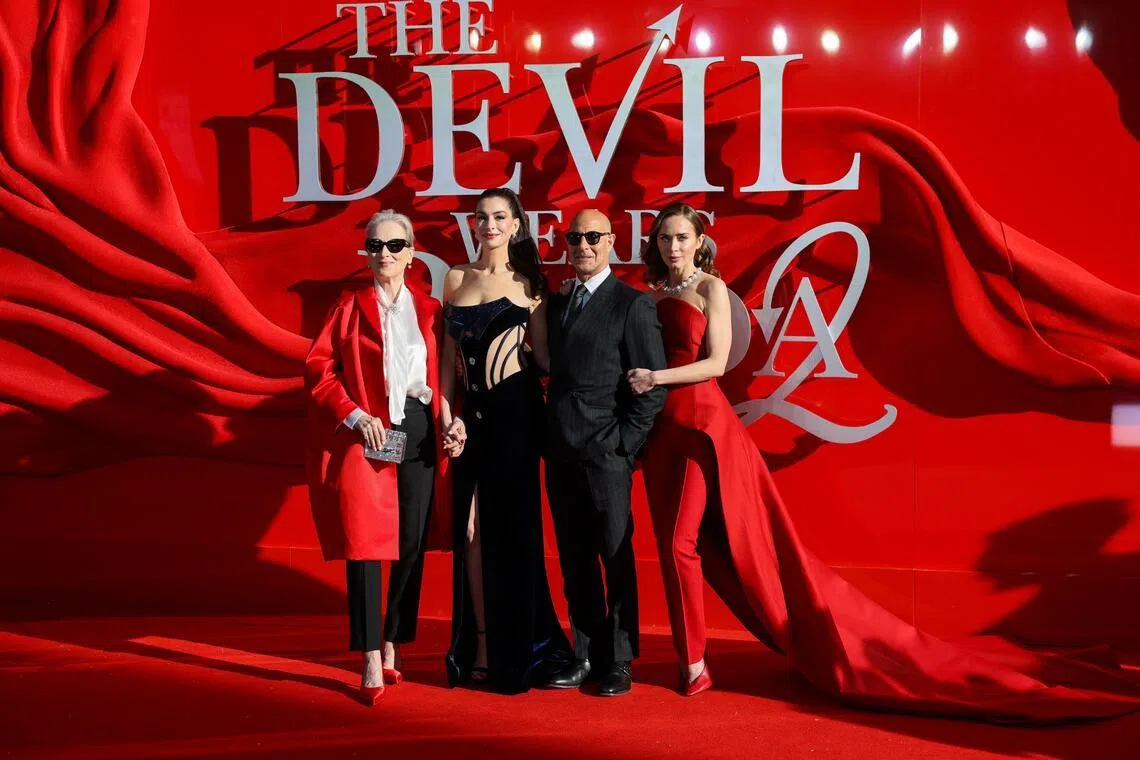 (From left) Meryl Streep, Anne Hathaway, Stanley Tucci and Emily Blunt at The Devil Wears Prada 2 premiere in London on April 22, 2026. 