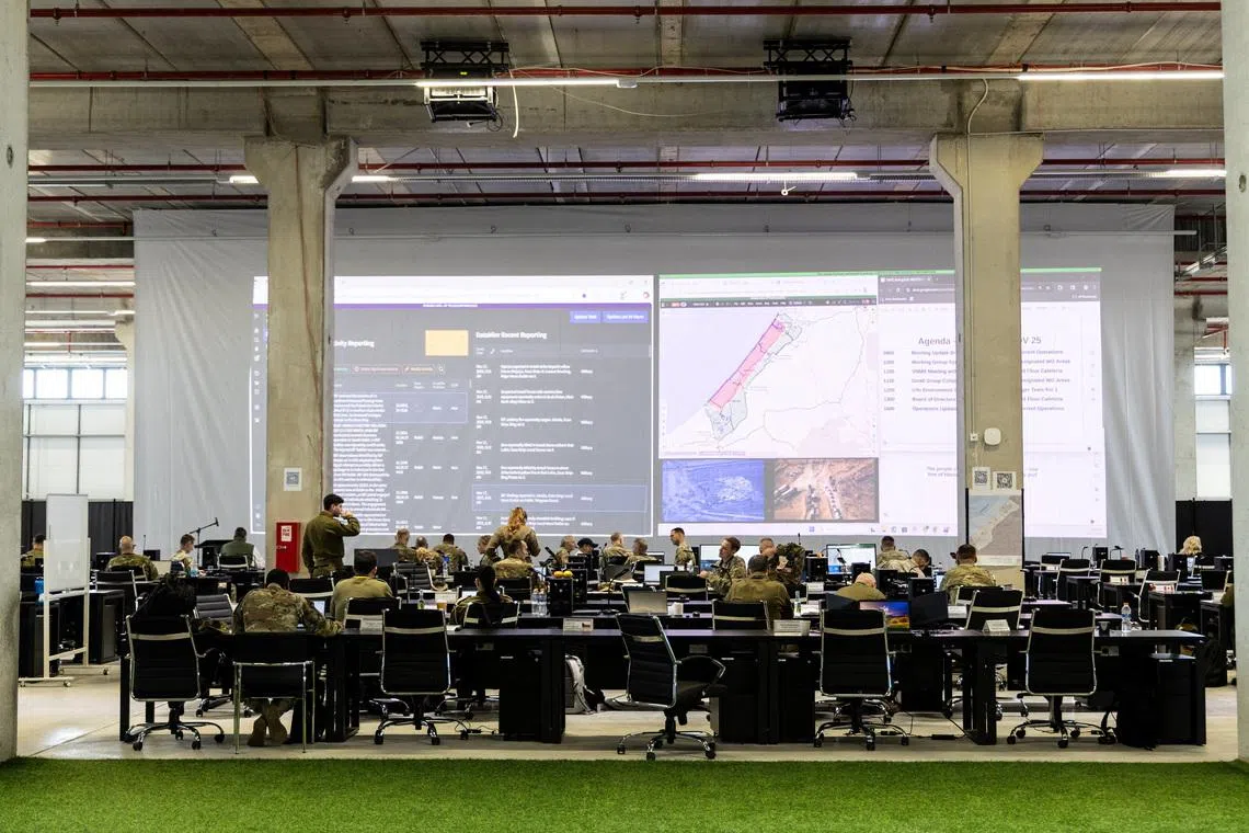 US and Israeli soldiers at the Civil Military Coordination Centre, established in Israel under President Donald Trump’s plan to end the war in Gaza, in November 2025.