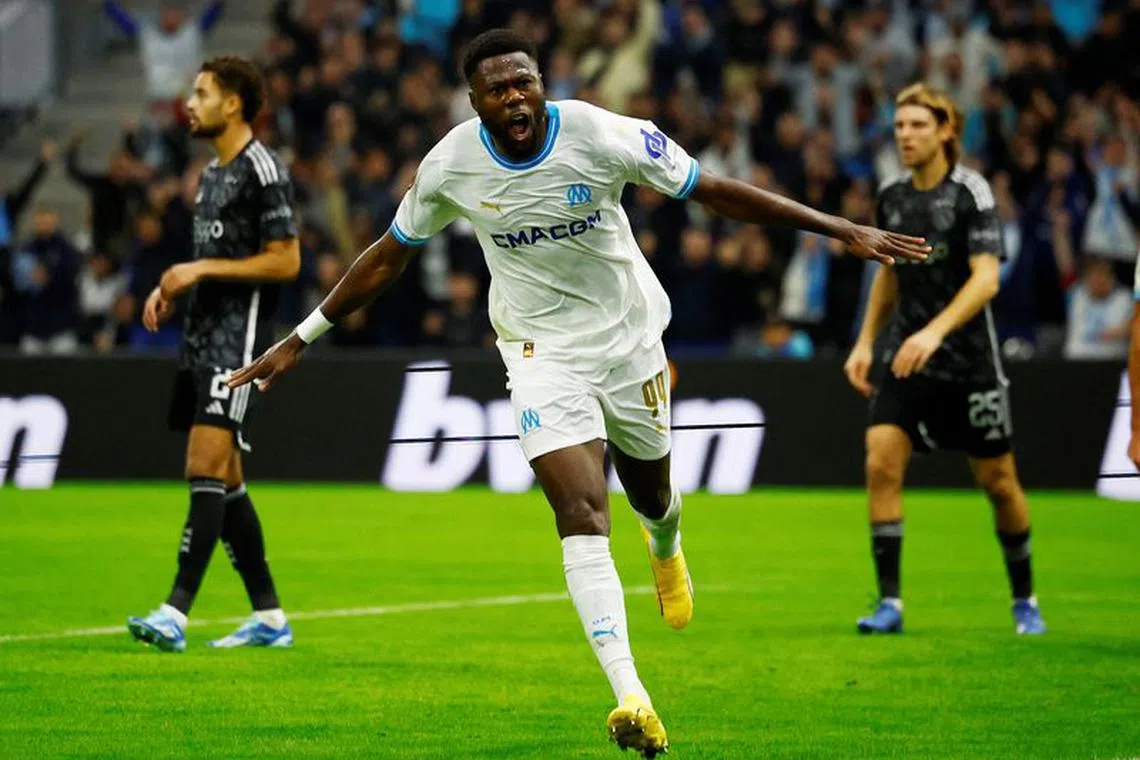 FILE PHOTO: Soccer Football - Europa League - Group B - Olympique de Marseille v Ajax Amsterdam - Orange Velodrome, Marseille, France - November 30, 2023 Olympique de Marseille's Chancel Mbemba celebrates scoring their second goal REUTERS/Sarah Meyssonnier/File Photo